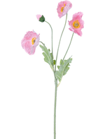 Fleur artificielle Coquelicot Real Touch Rose 60 cm : Un coquelicot rose réaliste avec trois fleurs ouvertes et un bouton fermé sur des tiges vertes et des feuilles vert clair, représenté sur un fond blanc.