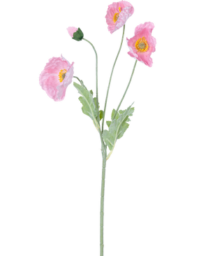 Fleur artificielle Coquelicot Real Touch Rose 60 cm : Un coquelicot rose réaliste avec trois fleurs ouvertes et un bouton fermé sur des tiges vertes et des feuilles vert clair, représenté sur un fond blanc.