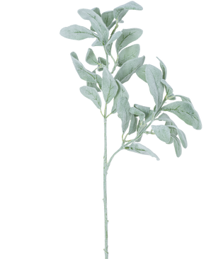 Une seule fleur d'eucalyptus artificielle d'environ 70 cm de tige avec des feuilles vert argenté de forme ovale à la texture douce, isolées sur un fond blanc.