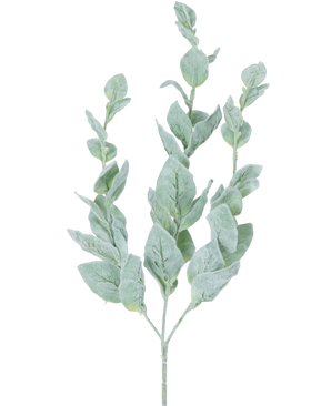 De Kunstbloem Eucalyptus 70 cm is een enkele groene eucalyptus stam met meerdere afgeronde, zachte, bleke, zilverkleurige bladeren tegen een witte achtergrond.