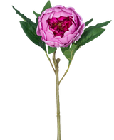 La fleur artificielle Lotus Pivoine Real Touch de couleur violette, de 58 cm de long, a des pétales superposés, des feuilles vertes et une longue tige. Sur la photo sur un fond blanc uni.