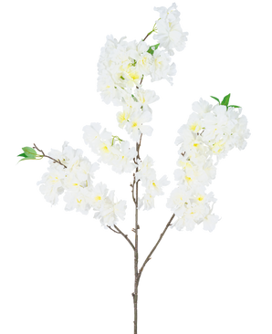 La Fleur de Cerisier Artificielle 106 cm blanche a une seule branche marron avec des bouquets de fleurs de cerisier artificielles blanches et de petites feuilles vertes, sur un fond blanc uni.