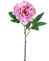 Une seule fleur artificielle pivoine de 61 cm rose clair, avec des pétales rose clair et des feuilles vertes sur une longue tige, photographiée sur un fond blanc uni.