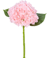 L'hortensia artificiel "Annabelle" Real Touch Rose 55 cm possède une seule fleur d'hortensia rose avec des pétales, deux feuilles vertes et une longue tige verte, sur un fond blanc.