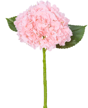L'hortensia artificiel "Annabelle" Real Touch Rose 55 cm possède une seule fleur d'hortensia rose avec des pétales, deux feuilles vertes et une longue tige verte, sur un fond blanc.