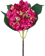 Un seul hortensia de jardin à fleurs artificielles de 61 cm de fleur d'hortensia rose et trois grandes feuilles vertes sur un fond blanc.