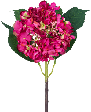 Un seul hortensia de jardin à fleurs artificielles de 61 cm de fleur d'hortensia rose et trois grandes feuilles vertes sur un fond blanc.