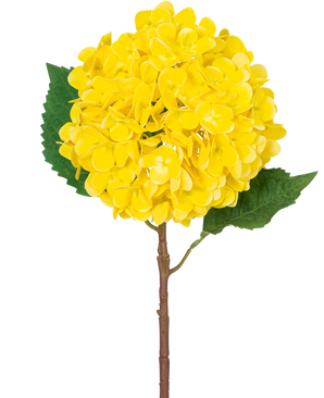 La fleur artificielle Hortensia Real Touch jaune 58 cm présente un seul hortensia jaune avec des pétales superposés, deux grandes feuilles vertes et une tige brune, sur un fond blanc uni.