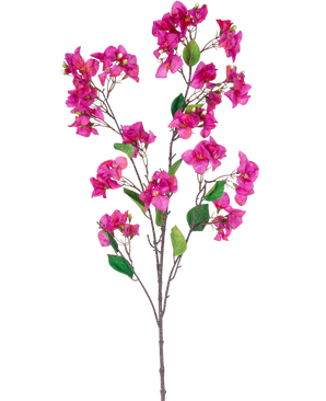 Een Kunstbloem Bougainvillea 120 cm paars tak met meerdere trossen levendige paarse bloemen en groene bladeren tegen een witte achtergrond.