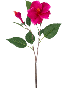 De Kunstbloem Hibiscus 64 cm roze heeft een enkele kunststengel met groene bladeren, een grote open roze bloem en een gesloten knop, allemaal tegen een effen witte achtergrond.