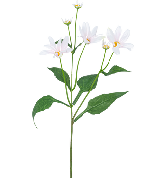 La Fleur Artificielle Madelief 76 cm blanche possède une seule tige verte avec plusieurs grandes feuilles et cinq fleurs blanches ressemblant à des marguerites avec un cœur jaune, sur un fond blanc uni.