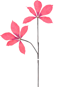 Une illustration numérique de Kunsttak Chestnut Leaf 63 cm rouge montre deux tiges longues et fines avec des grappes de cinq feuilles rose vif, sur un fond blanc uni.