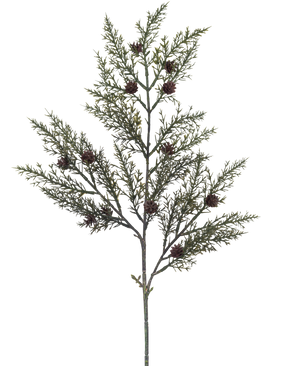 La Branche Artificielle Aiguille de Pin 65 cm vert a une seule branche avec de fines feuilles vertes en forme d'aiguilles et de petites pommes de pin brunes sur un fond blanc.