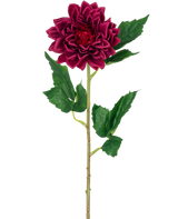 La Fleur Artificielle Dahlia Real Touch rouge foncé 54 cm présente une seule fleur de dahlia rouge foncé avec des feuilles vertes sur une tige, isolée sur un fond blanc.