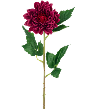 La Fleur Artificielle Dahlia Real Touch rouge foncé 54 cm présente une seule fleur de dahlia rouge foncé avec des feuilles vertes sur une tige, isolée sur un fond blanc.