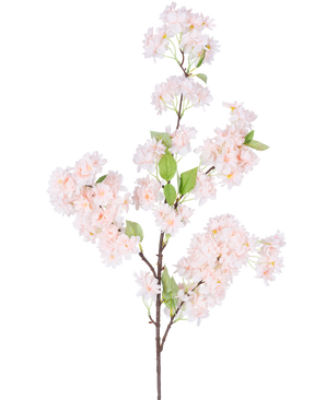 Une seule fleur de cerisier artificielle de 100 cm rose clair présente des bouquets de fleurs de cerisier rose clair avec des feuilles vertes sur fond blanc.