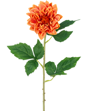 De Kunstbloem Dahlia Real Touch oranje 54 cm heeft een enkele oranje dahlia met gelaagde bloemblaadjes, een lange groene steel en verschillende brede groene bladeren, geïsoleerd op een witte achtergrond.