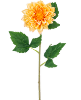 De Kunstbloem Dahlia Real Touch geel 54 cm heeft een levensechte gele dahlia met gelaagde bloemblaadjes en groene bladeren op een lange steel, geïsoleerd op een witte achtergrond.