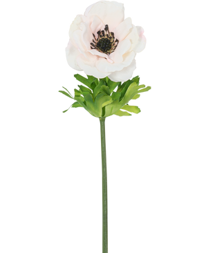 De Kunstbloem Anemoon Real Touch Roze 52 cm heeft een enkele lichtroze bloem met fijne bloemblaadjes, een donker hart, groene bladeren en een lange steel, tegen een witte achtergrond.