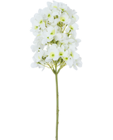 La Fleur Artificielle Boule de Neige Real Touch Blanc 58 cm possède une tige unique avec des bouquets de petites fleurs blanches et des cœurs vert clair, sur un fond blanc uni.