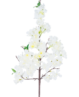 La Fleur de Cerisier Artificielle en Soie 95 cm blanche a une seule branche avec des bouquets de fleurs de cerisier artificielles blanches et quelques feuilles vertes, sur un fond blanc uni.