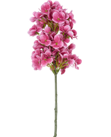 Une seule tige de la Fleur Artificielle Boule de Neige Real Touch Rose 58 cm, avec des bouquets de fleurs artificielles rose vif ressemblant à des hortensias avec un cœur vert, isolées sur un fond blanc.