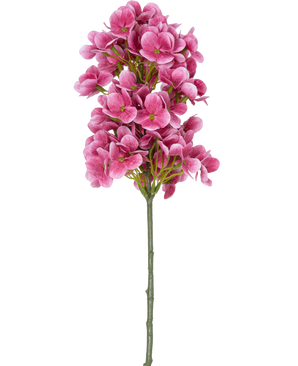 Une seule tige de la Fleur Artificielle Boule de Neige Real Touch Rose 58 cm, avec des bouquets de fleurs artificielles rose vif ressemblant à des hortensias avec un cœur vert, isolées sur un fond blanc.