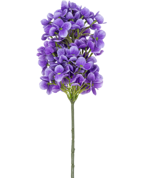 Een enkele steel van Kunstbloem Sneeuwbal Real Touch Paars, 58 cm, met levendige paarse bloemen en groene hartjes, tegen een witte achtergrond.
