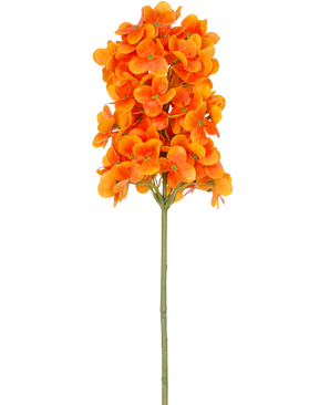 Une seule fleur artificielle boule de neige Real Touch Orange, de 58 cm de haut, a des fleurs groupées orange vif sur une tige verte, sur un fond blanc uni.