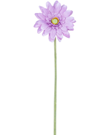 La fleur artificielle mini Gerbera 47 cm lilas a une seule fleur violet clair ressemblant à une marguerite avec des pétales superposés et un centre jaune sur une longue et mince tige verte, parfaite pour être exposée sur un fond blanc.