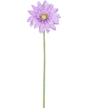 La fleur artificielle mini Gerbera 47 cm lilas a une seule fleur violet clair ressemblant à une marguerite avec des pétales superposés et un centre jaune sur une longue et mince tige verte, parfaite pour être exposée sur un fond blanc.