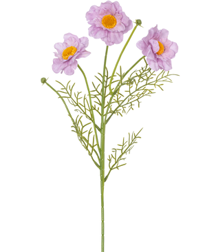 De Kunstrozenkraag Real Touch Paars 50cm heeft een enkele groene steel met drie lichtpaarse bloemen met gele hartjes en vederlichte blaadjes, tegen een witte achtergrond.