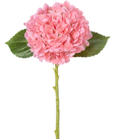 La Fleur Artificielle Charlotte Hortensia Real Touch Rose 49 cm présente un seul hortensia rose avec des grappes de pétales denses et rondes, deux feuilles vertes et une longue tige verte sur fond blanc.