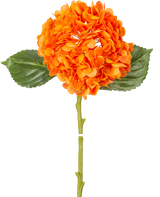 La Fleur artificielle Hortensia Charlotte Real Touch orange 49 cm a une fleur d'hortensia orange avec des pétales réalistes, des feuilles vertes et une longue tige, isolée sur un fond blanc.