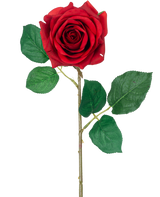 La Rose Artificielle "Emine" Real Touch Rouge 43 cm a une seule rose rouge avec des feuilles vertes vibrantes sur une longue tige, sur un fond blanc uni.