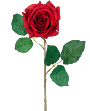 La Rose Artificielle "Emine" Real Touch Rouge 43 cm a une seule rose rouge avec des feuilles vertes vibrantes sur une longue tige, sur un fond blanc uni.