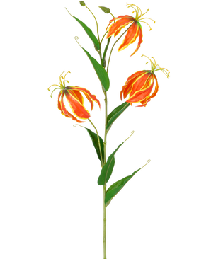 La fleur artificielle Gloriosa Real Touch Orange 75 cm a une haute tige verte avec trois grands lys orange et jaune et de longues feuilles vertes fines, joliment disposées sur un fond blanc.