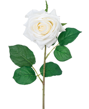 La Rose Artificielle "Emine" Real Touch Blanc 43 cm a une seule rose blanche avec des pétales superposés et des feuilles vertes sur une longue tige, sur un fond blanc uni.
