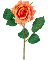 La rose hydratante Fleur Artificielle Crystal Touch possède une fleur orange Real Touch avec des feuilles vertes et une tige de 43 cm de long, sur un fond blanc uni.
