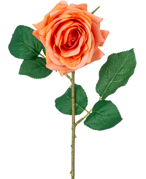 La rose hydratante Fleur Artificielle Crystal Touch possède une fleur orange Real Touch avec des feuilles vertes et une tige de 43 cm de long, sur un fond blanc uni.