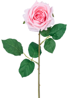 La Rose Artificielle "Emine" Real Touch Rose 43 cm est une rose artificielle simple rose clair avec des pétales superposés, des feuilles vertes et une longue tige, sur un fond blanc.
