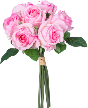 Un bouquet de roses artificielles composé de 7 roses roses Real Touch (30 cm) avec des feuilles vertes, liées ensemble avec de la ficelle et photographiées sur un fond blanc.