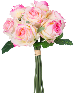 Le bouquet de roses artificielles 7 roses Real Touch crème/rose 30 cm comprend sept roses artificielles de couleur crème et roses avec des feuilles vertes et de longues tiges, nouées avec un ruban marron et représentées sur un fond blanc.
