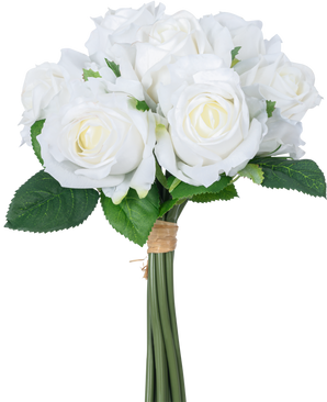 Le Bouquet de Roses Artificielles 7 Roses Real Touch Blanc 30 cm possède un bouquet de roses artificielles blanches avec des feuilles vertes, les tiges liées par un élastique marron, représentées sur un fond blanc uni.