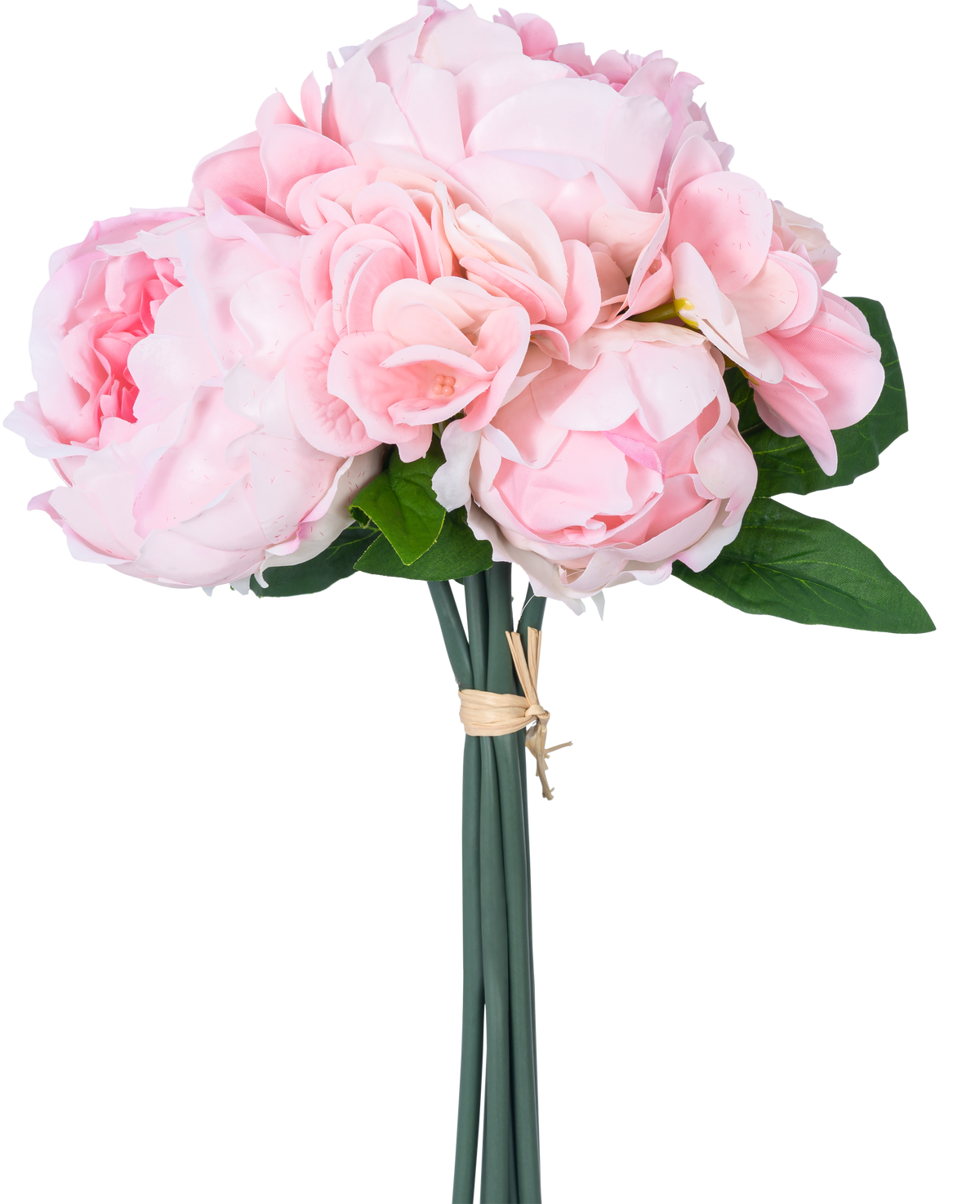 Le Bouquet Artificiel Mix Flowers Real Touch Rose 30 cm est composé de pivoines artificielles rose clair et d'hortensias aux feuilles vertes, liées entre elles par une corde marron, sur un fond blanc uni.