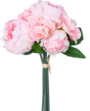 Le Bouquet Artificiel Mix Flowers Real Touch Rose 30 cm est composé de pivoines artificielles rose clair et d'hortensias aux feuilles vertes, liées entre elles par une corde marron, sur un fond blanc uni.