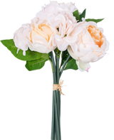 Un bouquet de fleurs artificielles Real Touch Champagne 30 cm contient des fleurs artificielles roses et pêche avec des feuilles vertes et des boutons de lotus, attachées avec une corde sur un fond blanc.