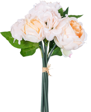 Un bouquet de fleurs artificielles Real Touch Champagne 30 cm contient des fleurs artificielles roses et pêche avec des feuilles vertes et des boutons de lotus, attachées avec une corde sur un fond blanc.