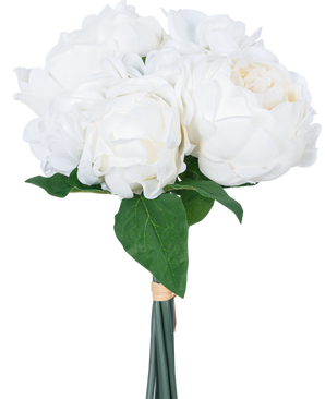Le bouquet artificiel mélange de fleurs Real Touch White 30 cm présente des fleurs blanches et des feuilles vertes réalistes, élégamment enveloppées d'une bande et sur un fond blanc uni.