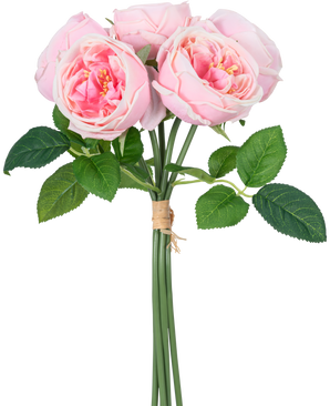 Le bouquet de roses artificielles "Carmen" Real Touch Pink 36 cm contient des pivoines rose clair avec des feuilles vertes, liées entre elles par une corde marron.